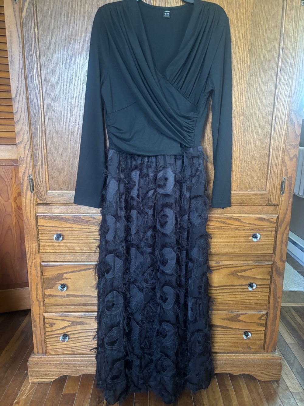 SHEIN Black Long Sleeve Faux-Wrap Top with Floral Texture Maxi Skirt Dress